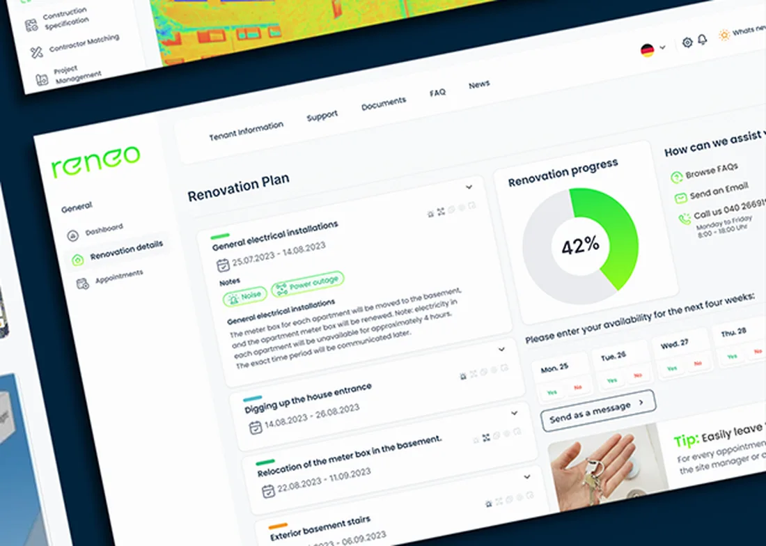 Tenant portal with renovation plan, progress and availability for the next four weeks