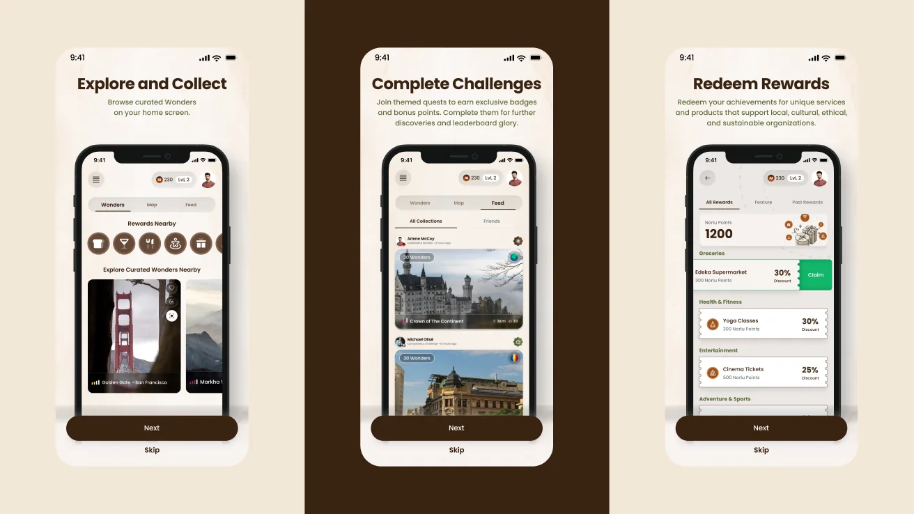 Onboarding screens for exploring, challenges and rewards