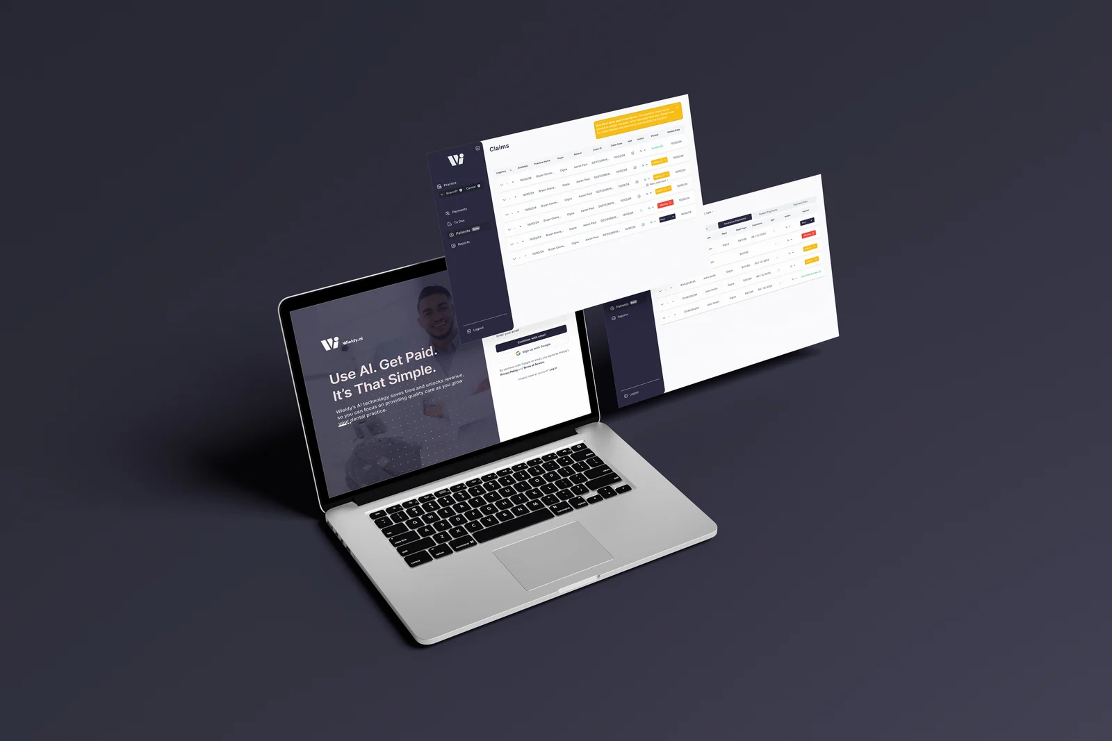 Laptop with the sign up screen and floating claims tables