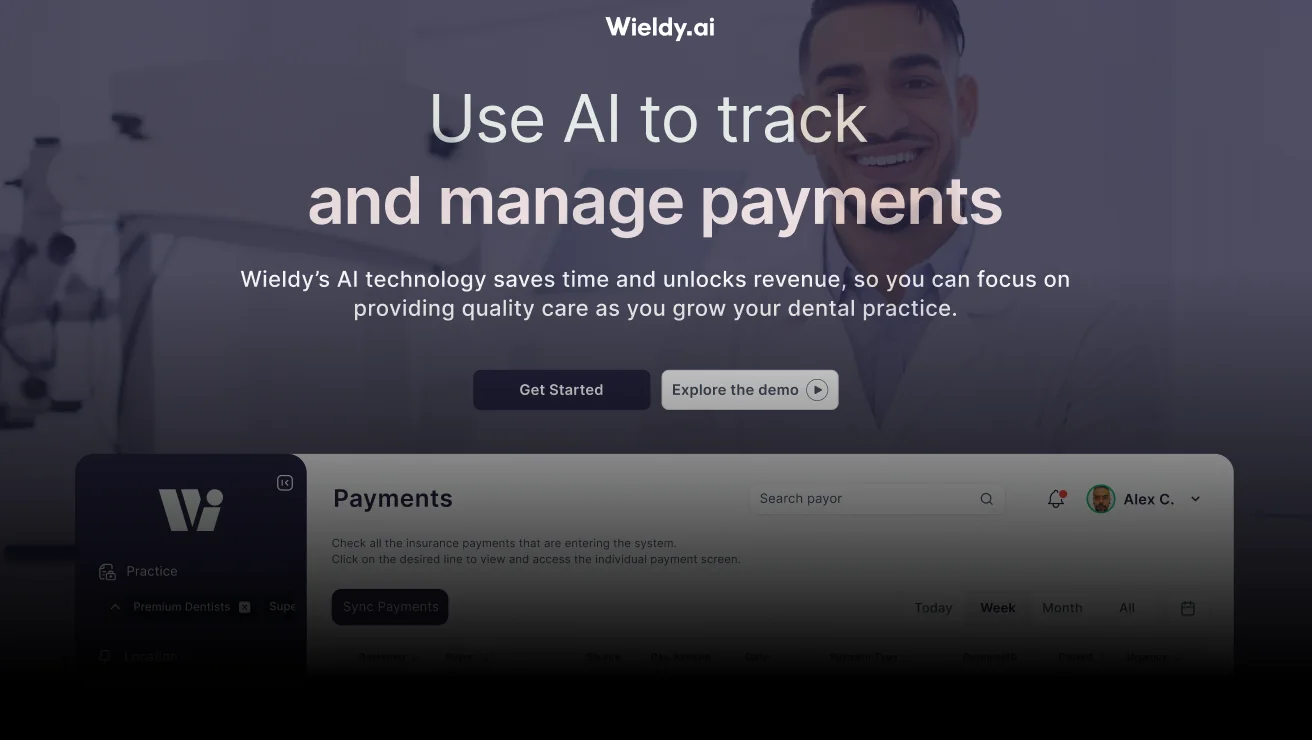 Wieldy marketing page above the payments dashboard