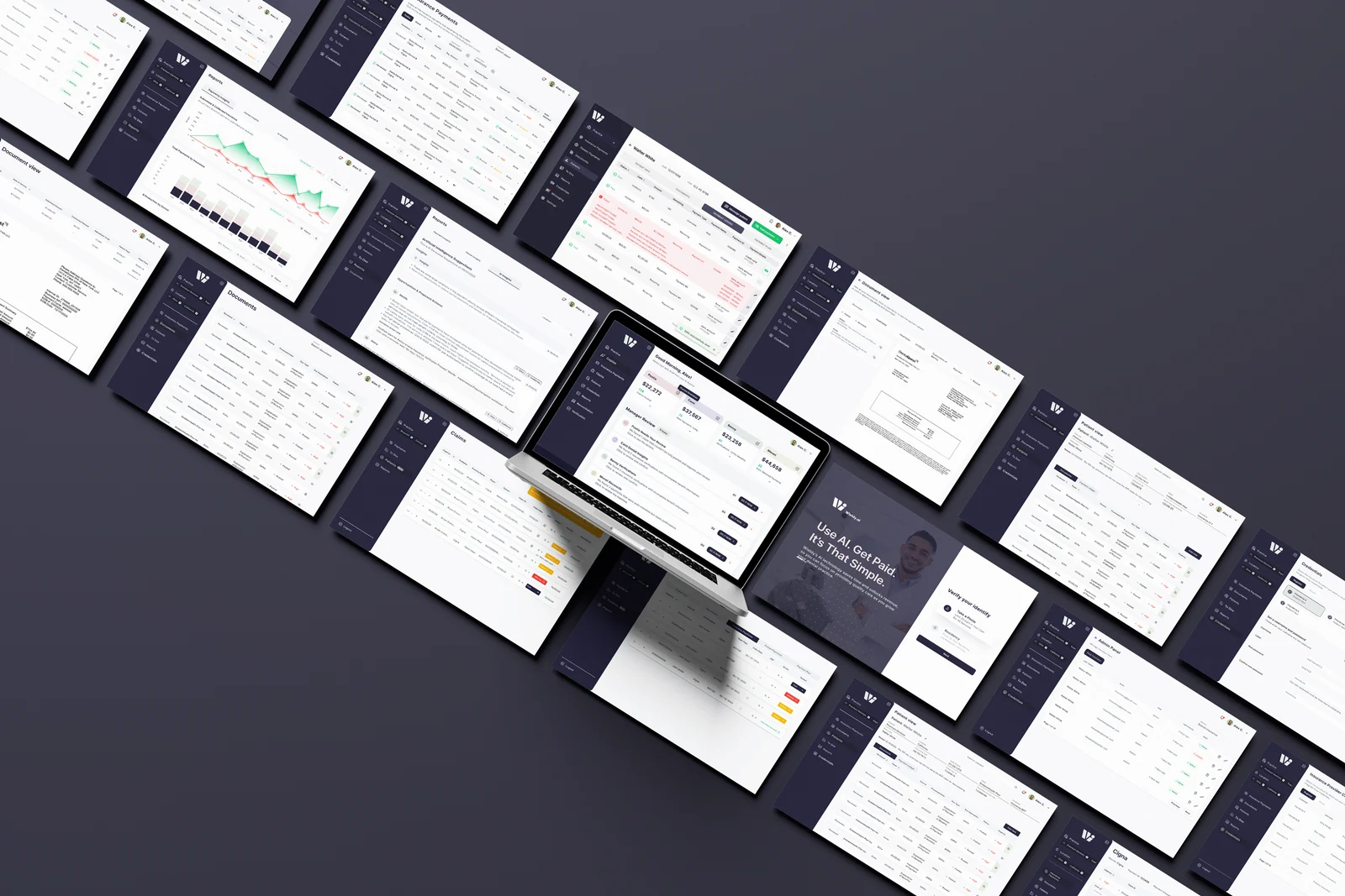 Grid of Wieldy screens: reports, documents, claims and patient views